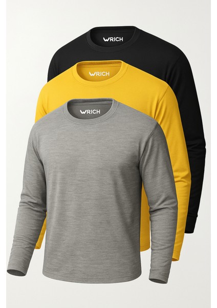 Erkek Sarı-Siyah-Grimelanj 3'lü Paket Basic Uzun Kollu Sporcu Body