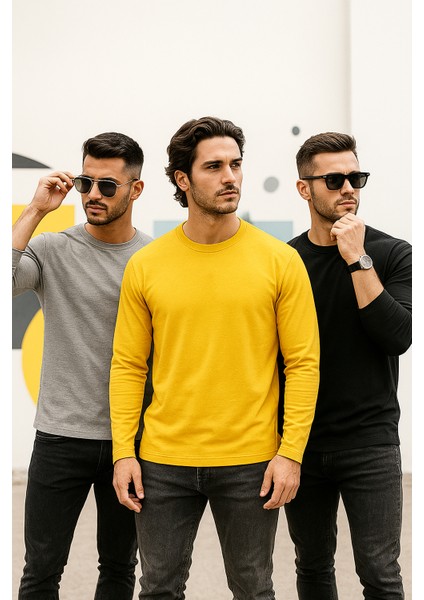 Erkek Sarı-Siyah-Grimelanj 3'lü Paket Basic Uzun Kollu Sporcu Body fiyatları