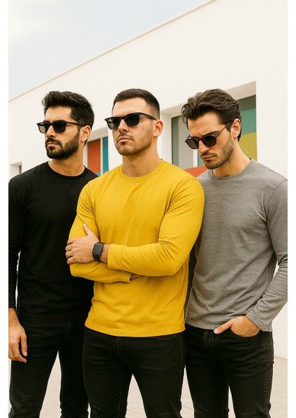 Erkek Sarı-Siyah-Grimelanj 3'lü Paket Basic Uzun Kollu Sporcu Body modelleri