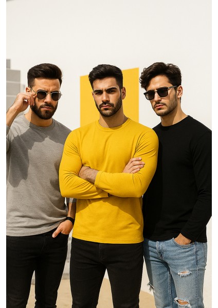 Erkek Sarı-Siyah-Grimelanj 3'lü Paket Basic Uzun Kollu Sporcu Body fırsatları