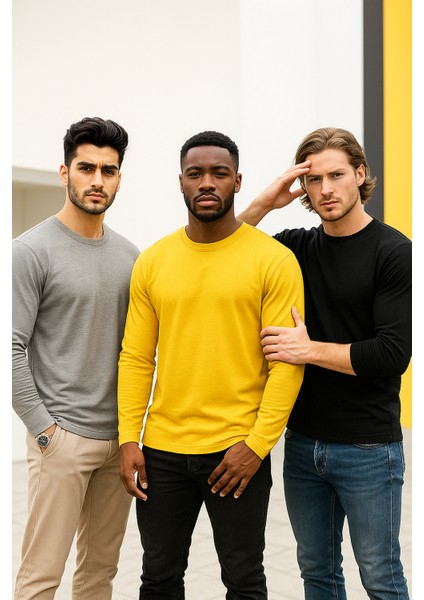 Erkek Sarı-Siyah-Grimelanj 3'lü Paket Basic Uzun Kollu Sporcu Body indirimleri