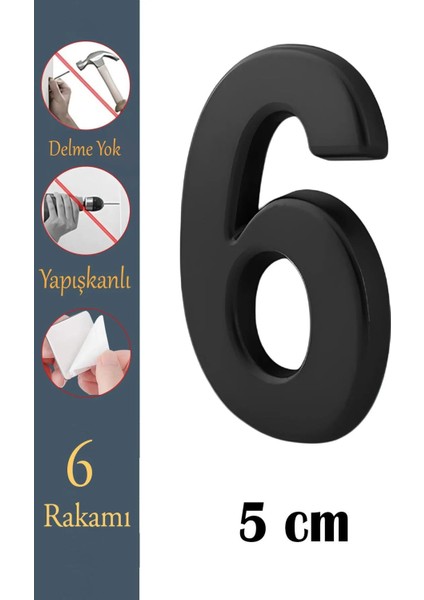 Kapı Numarası Yapışkanlı Küçük Boy 50 mm 5 cm Numara 6 Rakam Altı Sayı Siyah Renk Numaralar 1 Adet
