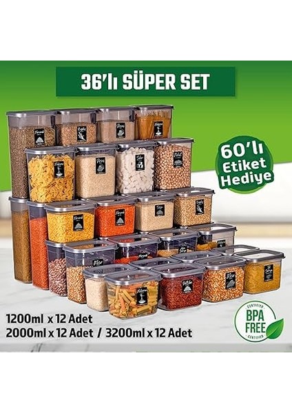 Adet 72 Parça 1,2-2,0-3,2 Litre Dikdörtgen Erzak Bakliyat Saklama Kabı Seti 60 Etiketli Çeyiz Set fiyatları