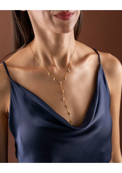 925 Ayar Gümüş Altın Renkli Y Lariat Kolye – Damla ve Baget Zirkon Taşlı Minimal Katmanlı Kolye - Silveria Jewels modelleri