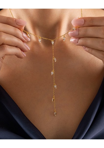 925 Ayar Gümüş Altın Renkli Y Lariat Kolye – Damla ve Baget Zirkon Taşlı Minimal Katmanlı Kolye - Silveria Jewels indirimleri