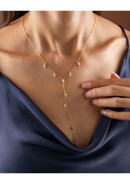 925 Ayar Gümüş Altın Renkli Y Lariat Kolye – Damla ve Baget Zirkon Taşlı Minimal Katmanlı Kolye - Silveria Jewels