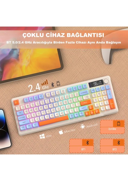 Kablosuz Çift Modlu Dijital Ekranlı Rgb Aydınlatmalı 96 Tuş Yarı Mekanik Oyuncu Klavyesi modelleri
