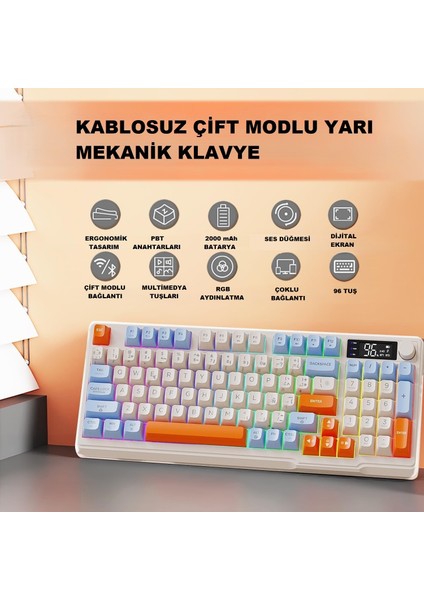 Kablosuz Çift Modlu Dijital Ekranlı Rgb Aydınlatmalı 96 Tuş Yarı Mekanik Oyuncu Klavyesi fırsatları