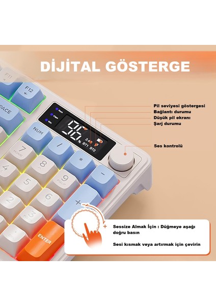 Kablosuz Çift Modlu Dijital Ekranlı Rgb Aydınlatmalı 96 Tuş Yarı Mekanik Oyuncu Klavyesi