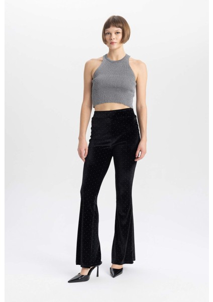 Flare Fit Kadife Kışlık Pantolon İspanyol Paça Beli Lastikli Uzun Boy