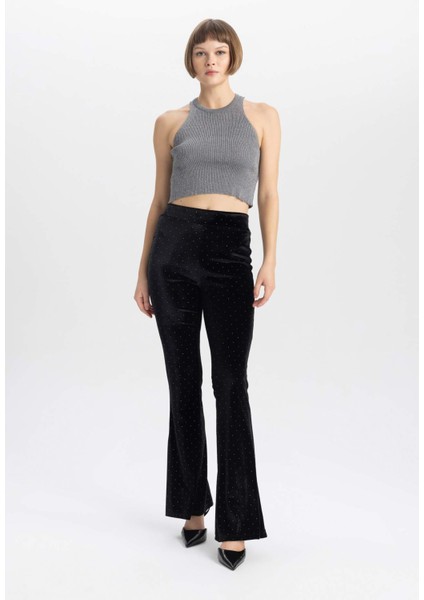 Flare Fit Kadife Kışlık Pantolon İspanyol Paça Beli Lastikli Uzun Boy