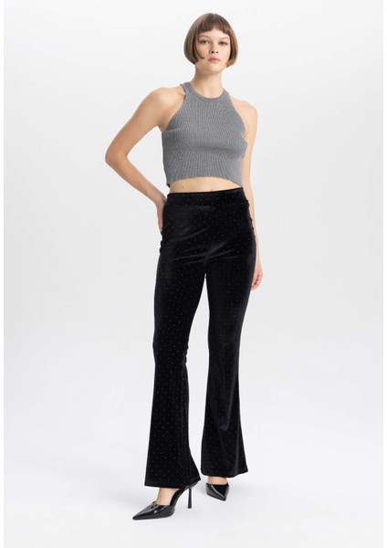 Flare Fit Kadife Kışlık Pantolon İspanyol Paça Beli Lastikli Uzun Boy