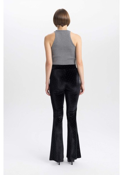 Flare Fit Kadife Kışlık Pantolon İspanyol Paça Beli Lastikli Uzun Boy