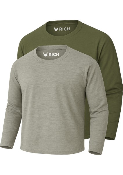 Erkek Haki-Grimelanj 2'li Paket Basic Uzun Kollu Sporcu Body