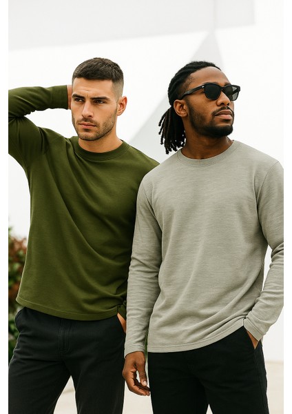 Erkek Haki-Grimelanj 2'li Paket Basic Uzun Kollu Sporcu Body modelleri