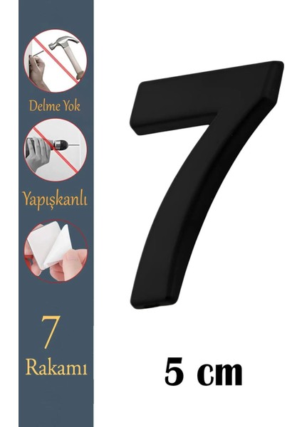 Kapı Numarası Yapışkanlı Küçük Boy 50 mm 5 cm Numara 7 Rakam Yedi Sayı Siyah Renk Numaralar 1 Adet