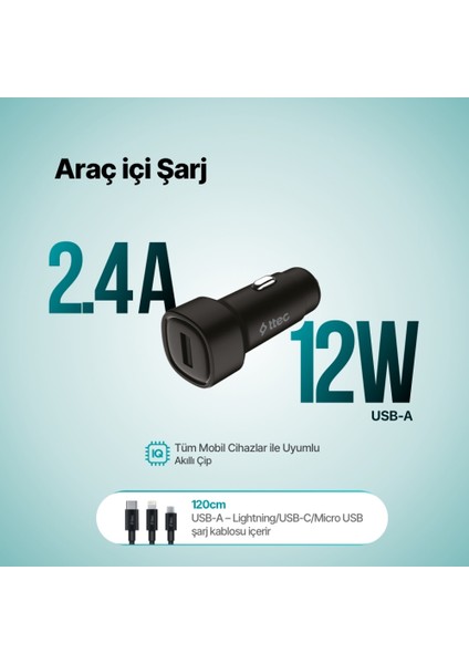 Smartcharger Araç Şarj Aleti, Trio Kablo, 2.4A, 12 W, Siyah