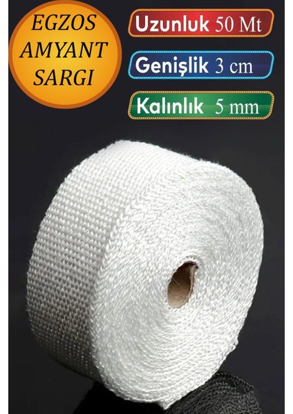50 Metre 3 cm Cam Elyaf Eksoz Sargısı Manifold Sargı Bezi Yanmaz Bant 5 mm (Kalınlık)