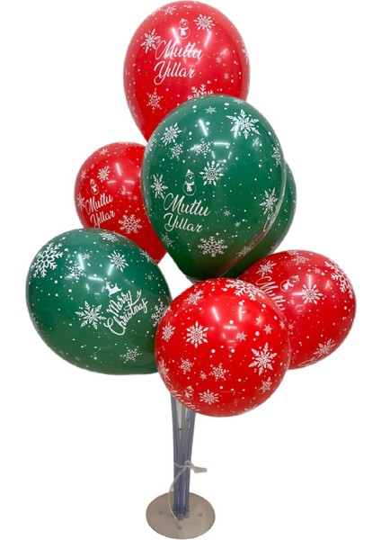 10 Adet Mutlu Yıllar& Merry Christmas Baskılı Yılbaşı Balonları–parti Dekoru,yeni Yıl Kutlama Balonu7 Li Balon Standlı