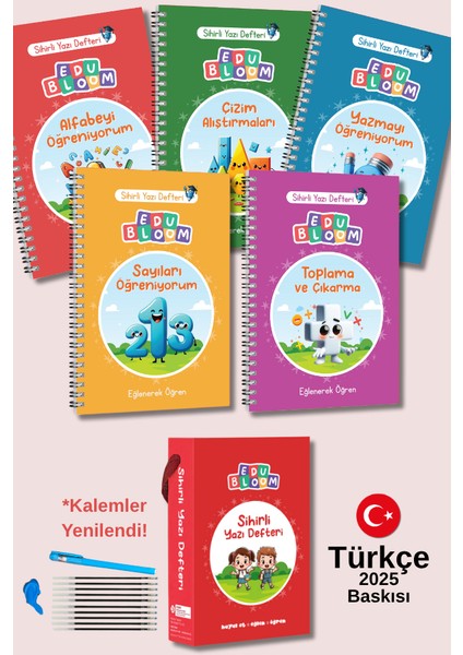 Türkçe Sihirli Yazı Defter Seti - 5 Defter 2 Kalem 20 Kartuş Taşıma Çantası