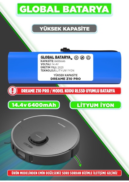 Dreame Z10 Pro Uyumlu Akıllı Robot Süpürge Bataryası 14.4V 6400MAH Li-Ion Pil (Yüksek Kapasite)