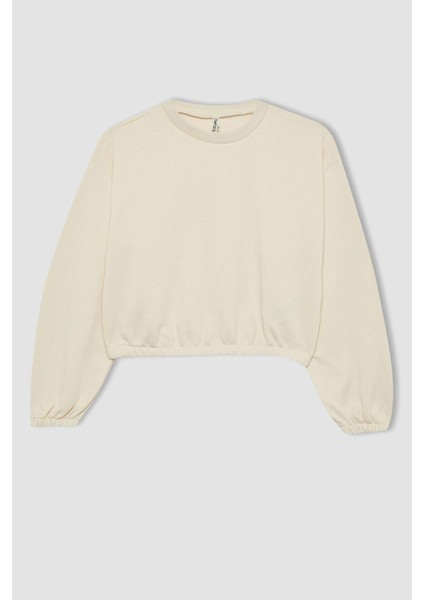 Kız Çocuk Bisiklet Yaka Basic Düz Sweatshirt