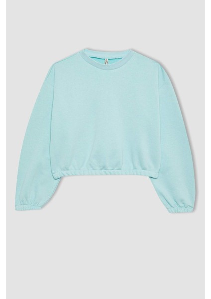 Kız Çocuk Bisiklet Yaka Basic Düz Sweatshirt