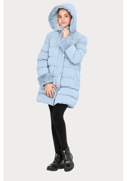 Kız Çocuk Kol ve Kapüşonda Kürk Detay Cepli Çıkabilir Kapüşon Şık Kışlık Kız Çocuk Mont