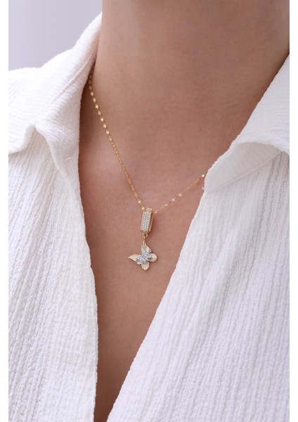 14 Ayar Altın Aynalı Zinci Kalemli Kelebek Kolye