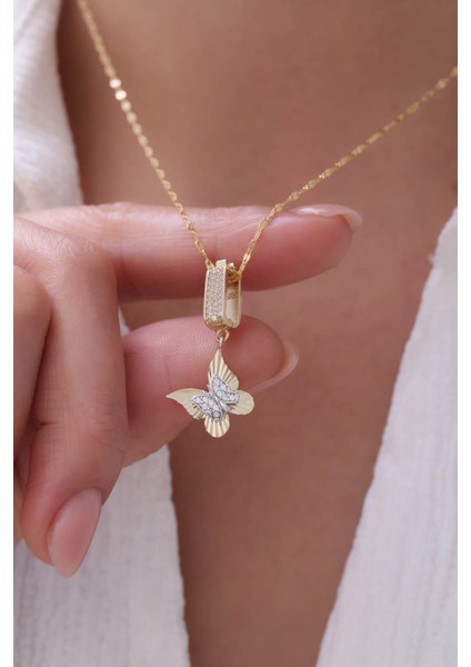 14 Ayar Altın Aynalı Zinci Kalemli Kelebek Kolye fiyatları