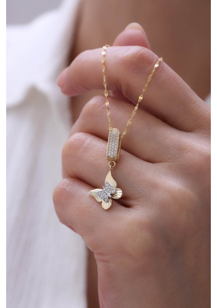 14 Ayar Altın Aynalı Zinci Kalemli Kelebek Kolye modelleri