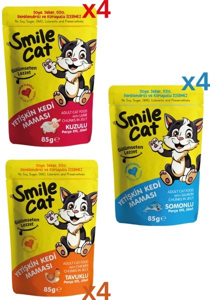 Smıle Cat Pouch Mix 12 Adet x 85 Gr. Kuzu/somon/tavuklu modelleri