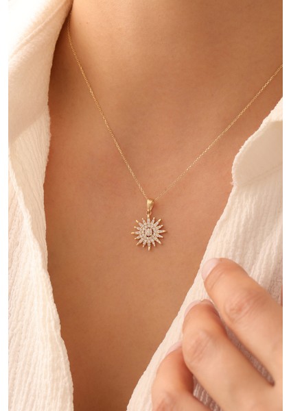 14 Ayar Altın Taşlı Modern Güneş Kolye modelleri