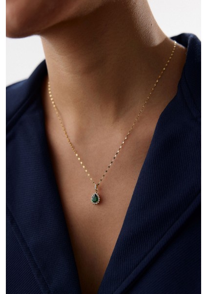 14 Ayar Altın Aynalı Zincir Zümrüt Kolye