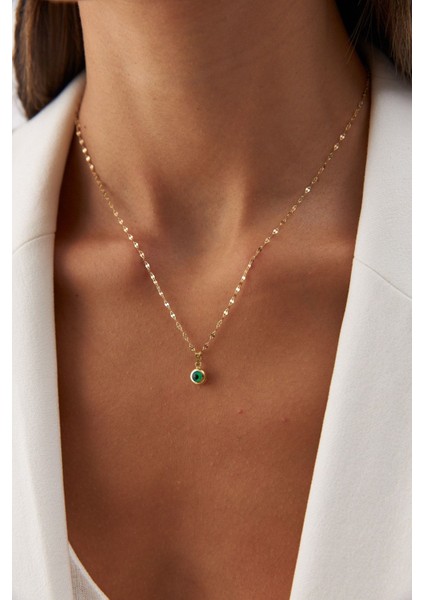 Altın Italyan Aynalı Zincir Yeşil Göz Kolye