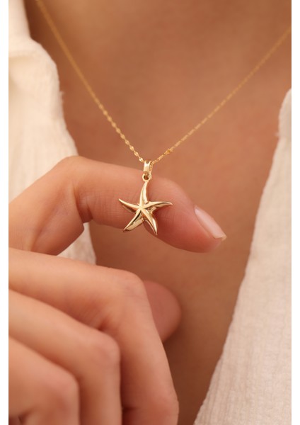 14 Ayar Altın Aynalı Zincir Deniz Yıldızı Kolye