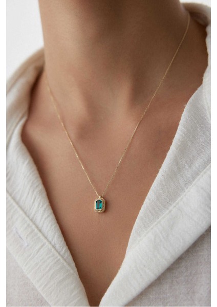 14 Ayar Altın Yeşil Baget Kolye