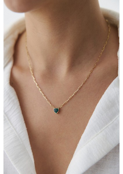 14 Ayar Altın Ataş Zincir Yeşil Kalp Kolye