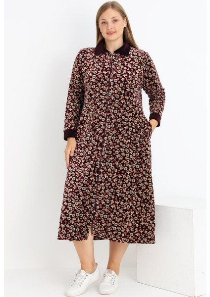 Kadın Büyük Beden Çiçek Desenli Pamuklu Kadife Fermuarlı Cepli Elbise