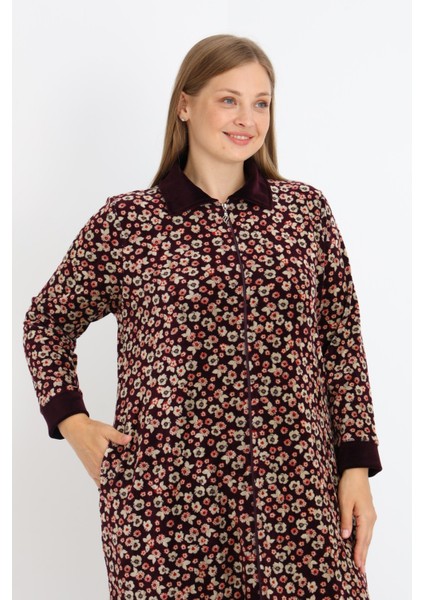 Kadın Büyük Beden Çiçek Desenli Pamuklu Kadife Fermuarlı Cepli Elbise fiyatları