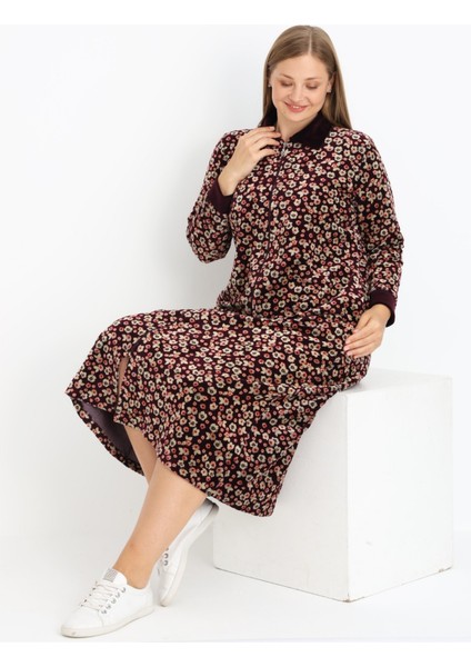 Kadın Büyük Beden Çiçek Desenli Pamuklu Kadife Fermuarlı Cepli Elbise fırsatları