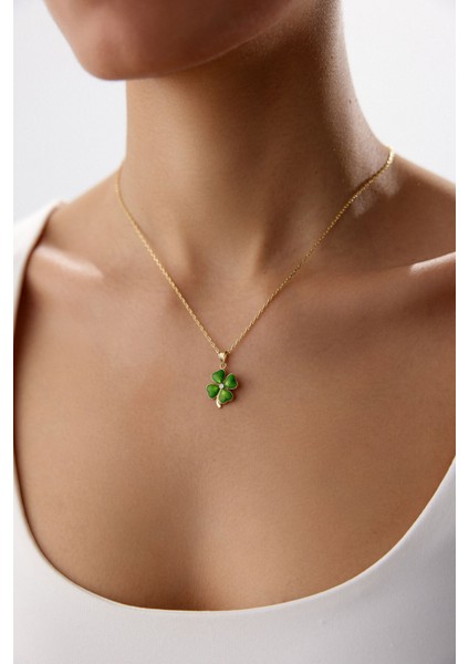 14 Ayar Altın Forse Zincir Yeşil Yonca Kolye modelleri