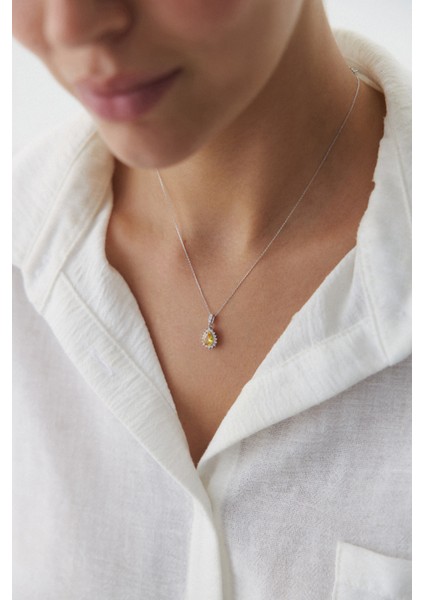 14 Ayar Altın Beyaz Altın Damla Taşlı Kolye