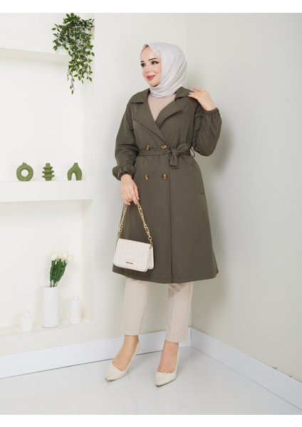 Kadın Haki Lastik Kollu Trençkot