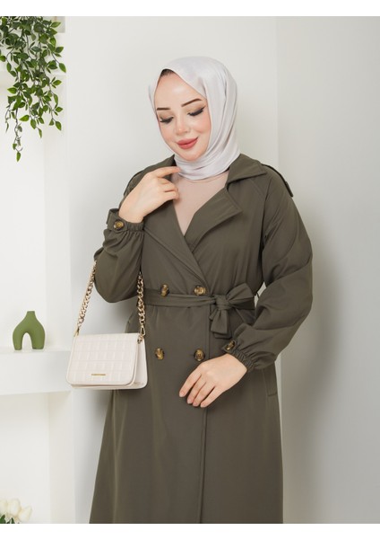 Kadın Haki Lastik Kollu Trençkot modelleri