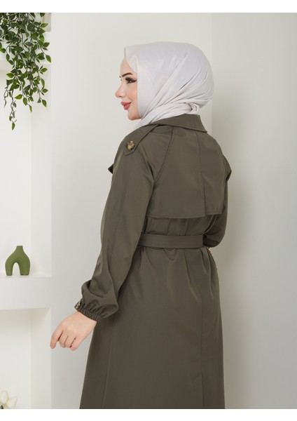Kadın Haki Lastik Kollu Trençkot