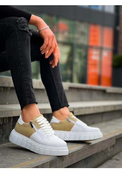 Techmrt KB-X155 Kuback Beyaz Cilt Bej Süet Detaylı Beyaz Yüksek Taban Günlük Spor Ayakkabı (Numara: 42)