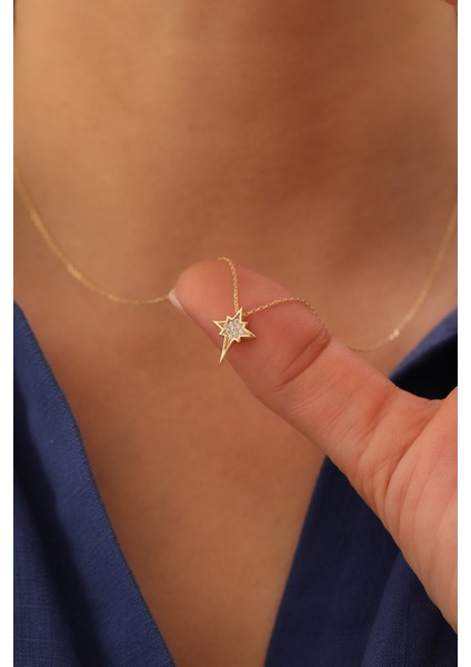 14 Ayar Altın Taşlı Minimal Kuzey Yıldızı Kolye