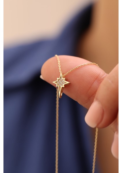 14 Ayar Altın Taşlı Minimal Kuzey Yıldızı Kolye modelleri