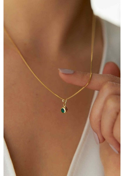 14 Ayar Altın Oval Balık Sırtı Yeşil Göz Kolye modelleri